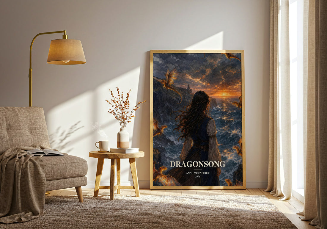 Dragonsong watercolour print in frame leaning in hallway – fantasy wall art (mockup)