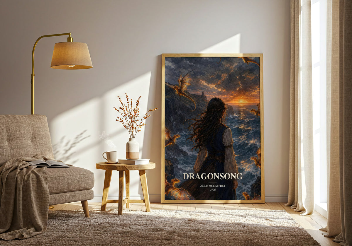 Dragonsong watercolour print in frame leaning in hallway – fantasy wall art (mockup)