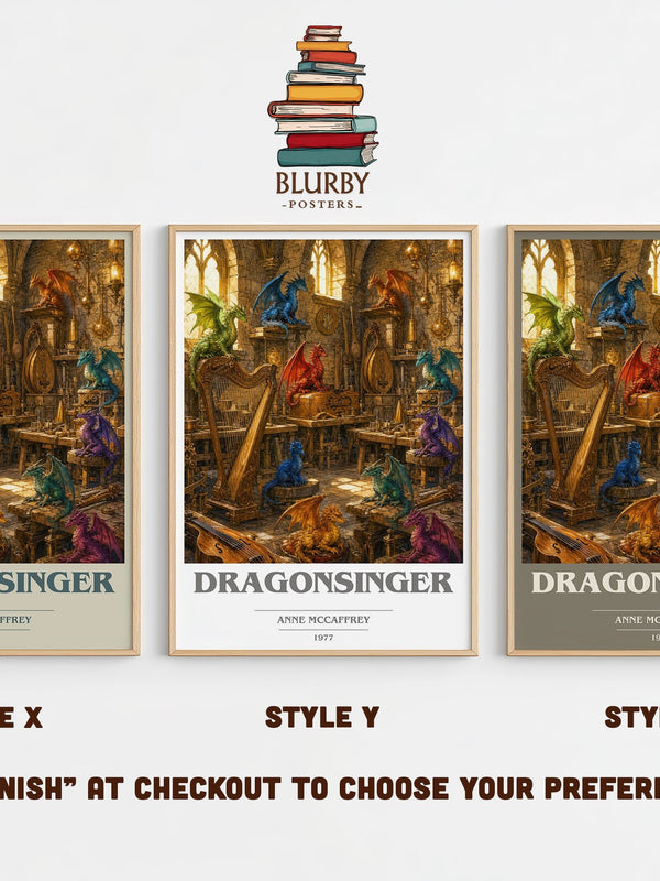 Dragonsinger book cover print in frame leaning in hallway – fantasy wall art