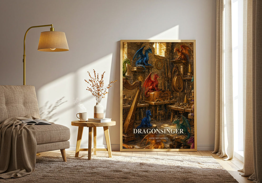 Dragonsinger watercolour print in frame leaning in hallway – fantasy wall art (mockup)