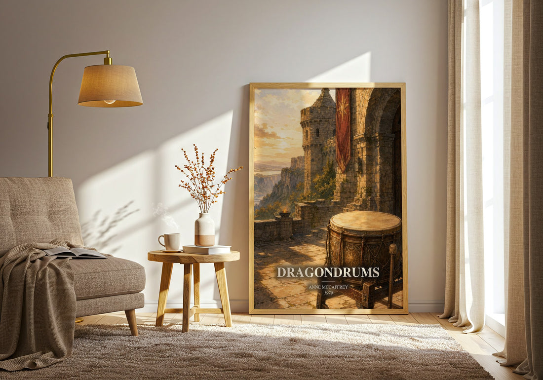 Dragondrums watercolour print in frame leaning in hallway – fantasy wall art (mockup)