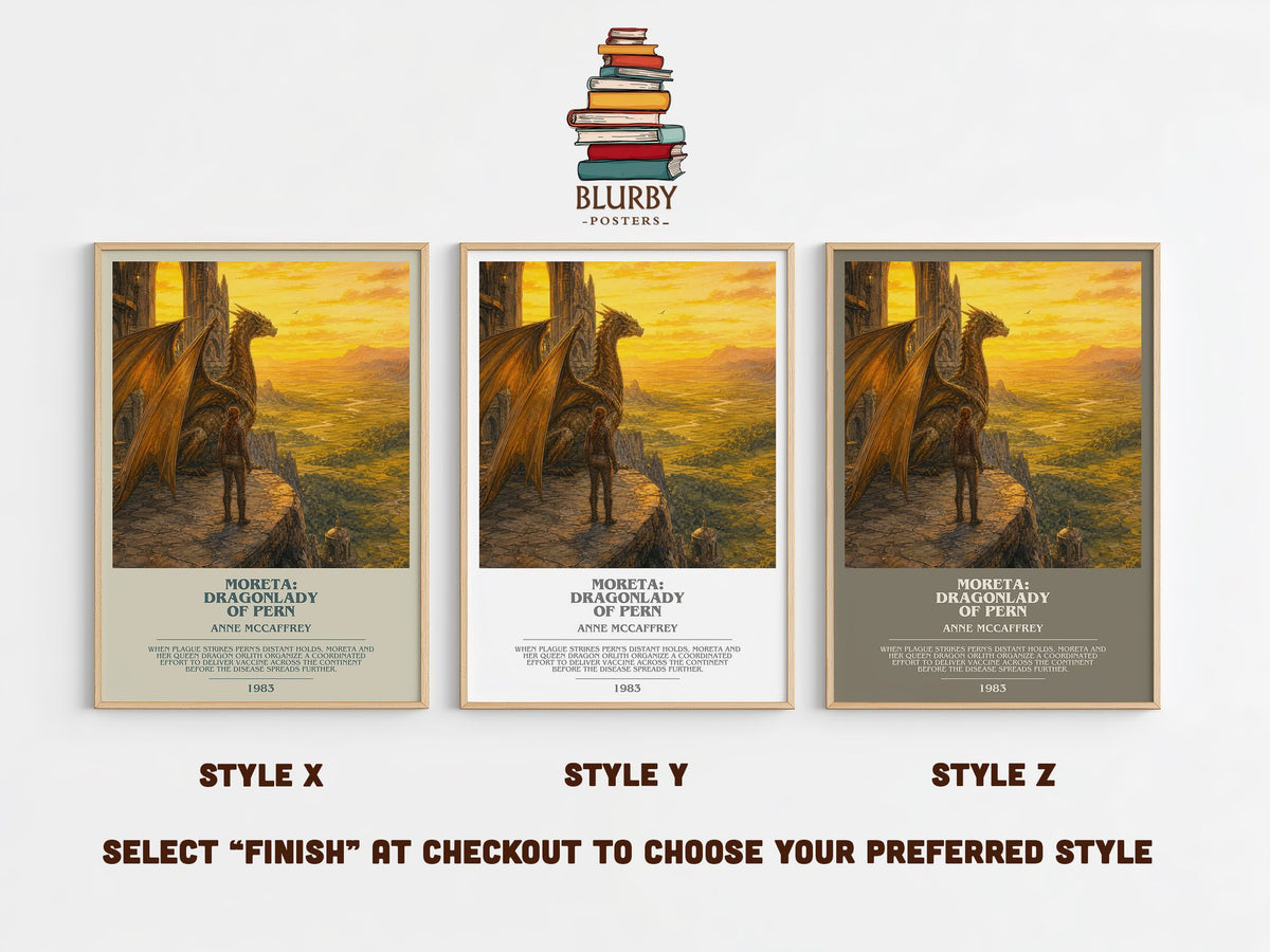 Moreta: Dragonlady of Pern bookish print in frame leaning in hallway – fantasy wall art (mockup)