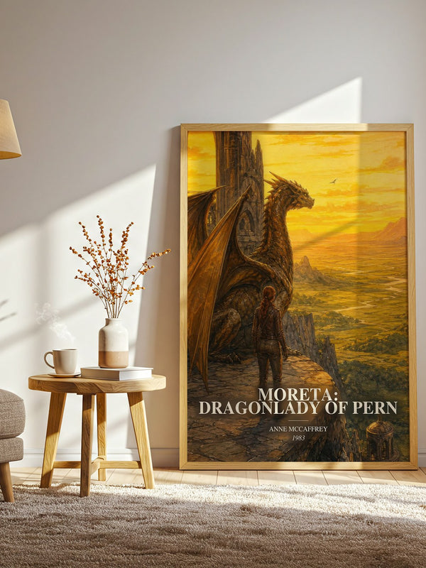 Moreta: Dragonlady of Pern watercolour print in frame leaning in hallway – fantasy wall art