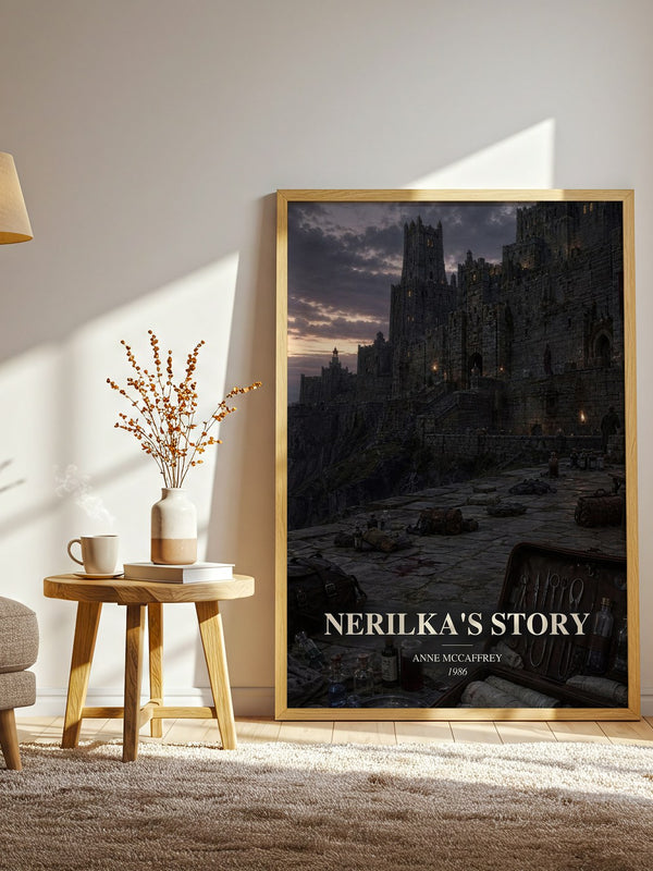 Nerilka's Story watercolour print in frame leaning in hallway – sci fi wall art