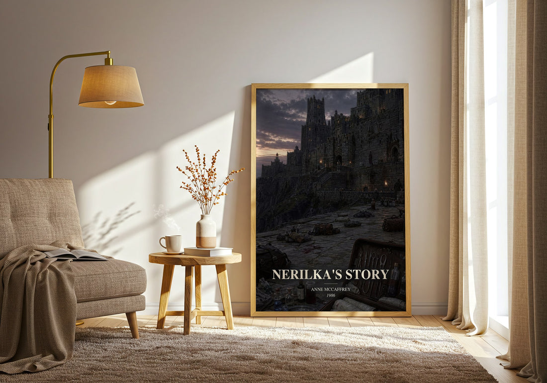 Nerilka's Story watercolour print in frame leaning in hallway – sci fi wall art (mockup)