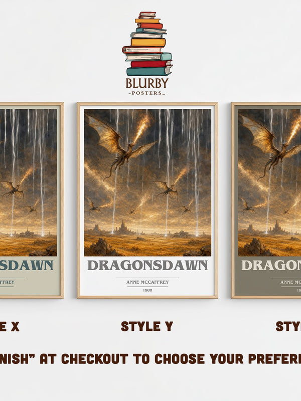 Dragonsdawn book cover print in frame leaning in hallway – sci fi wall art