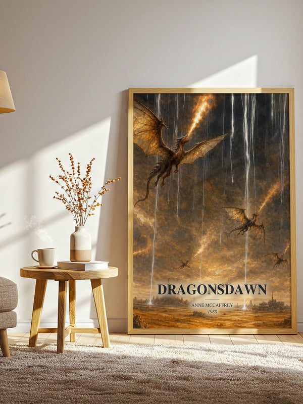 Dragonsdawn watercolour print in frame leaning in hallway – sci fi wall art