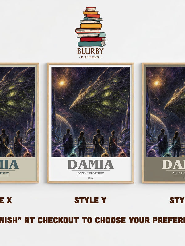 Damia book cover print in frame leaning in hallway – sci fi wall art