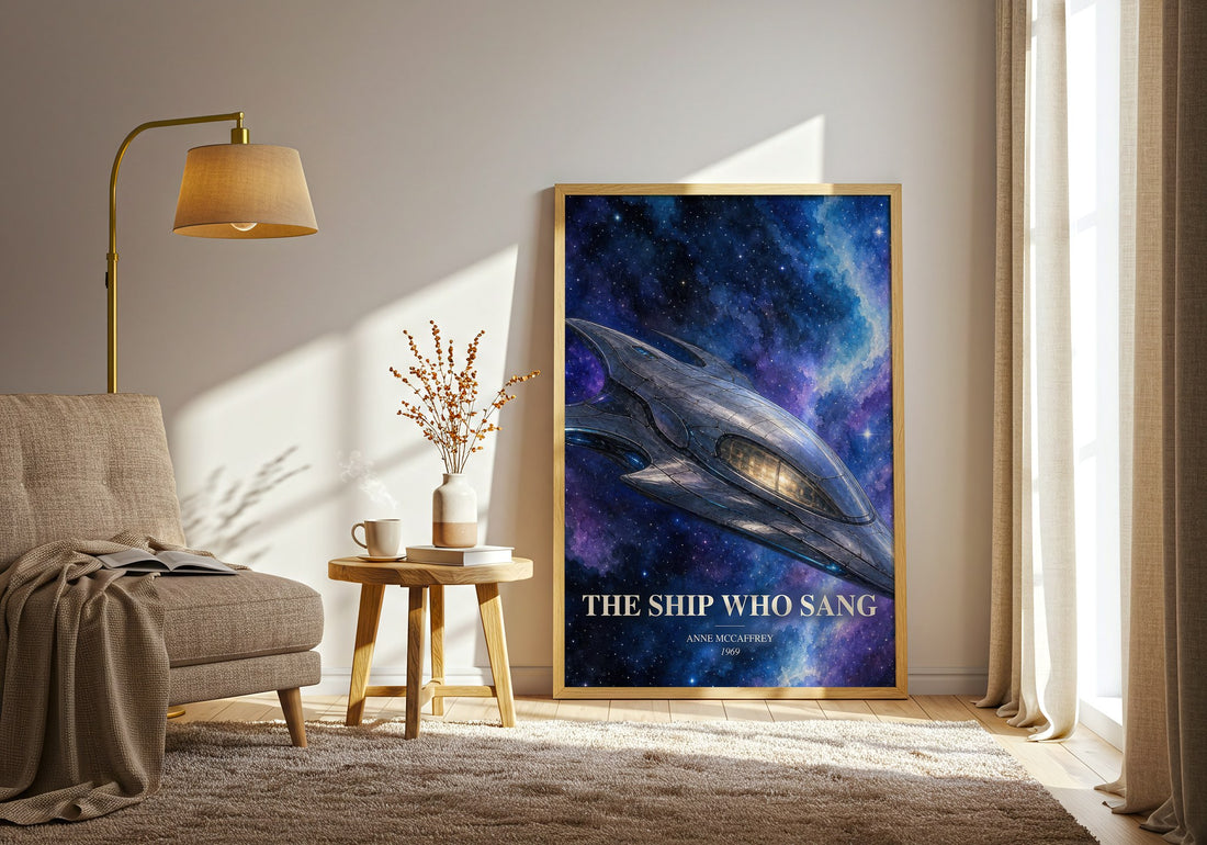The Ship Who Sang watercolour print in frame leaning in hallway – sci fi wall art (mockup)