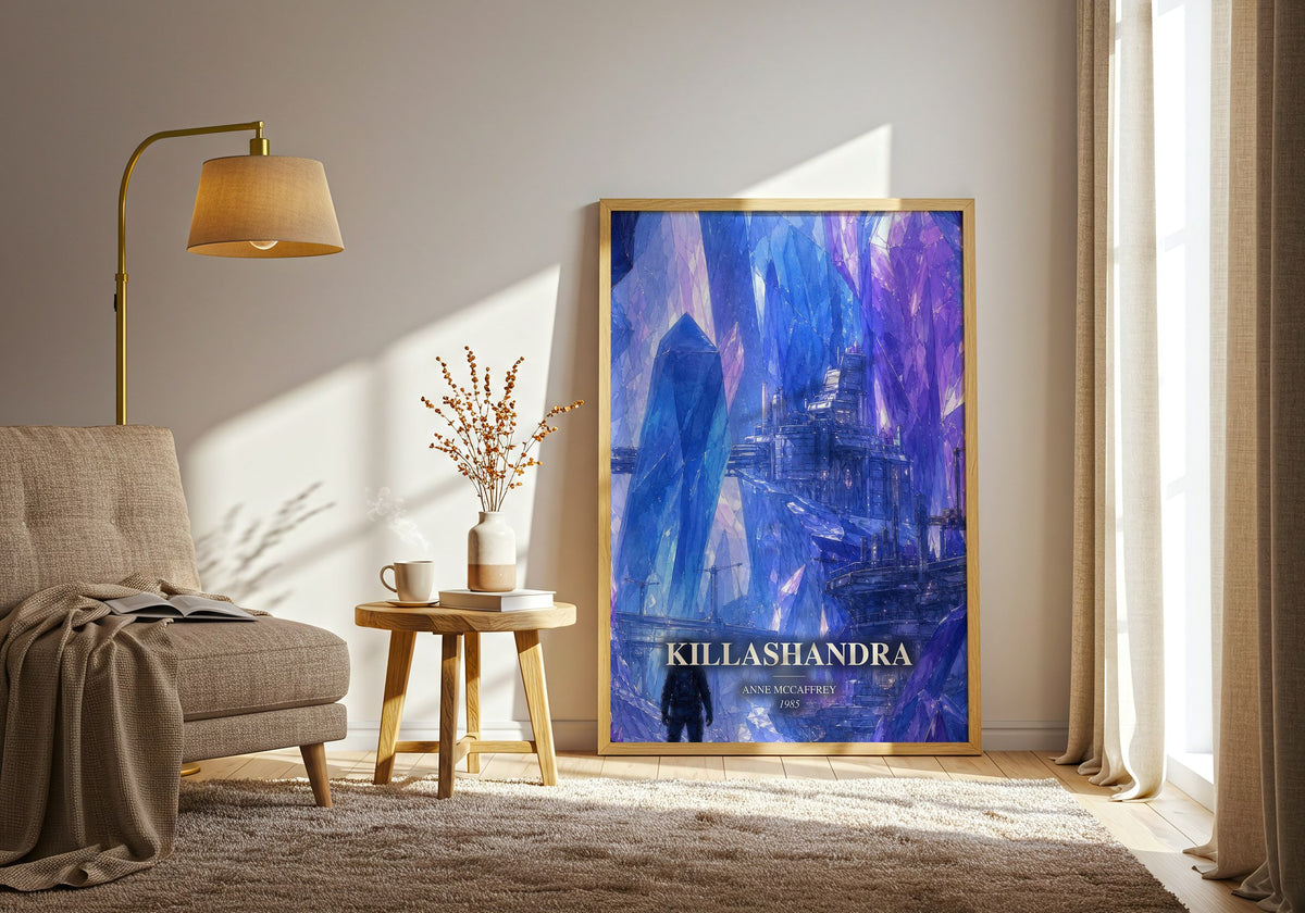 Killashandra watercolour print in frame leaning in hallway – sci fi wall art (mockup)