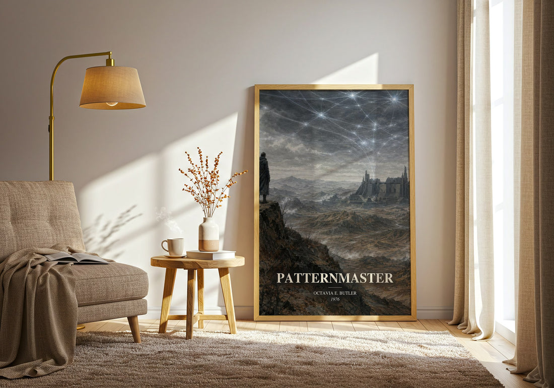 Patternmaster watercolour print in frame leaning in hallway – sci fi wall art (mockup)