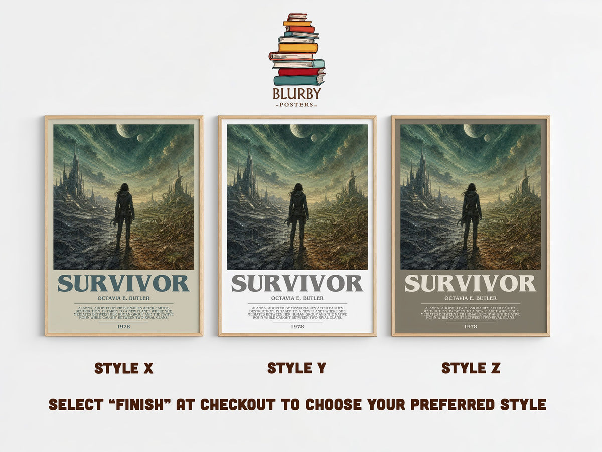 Survivor bookish print in frame leaning in hallway – sci fi wall art (mockup)