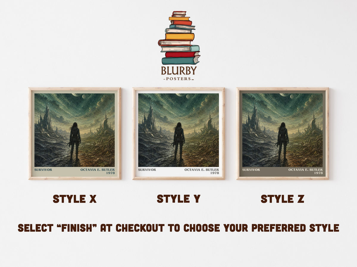 Survivor literary print in frame leaning in hallway – sci fi wall art (mockup)