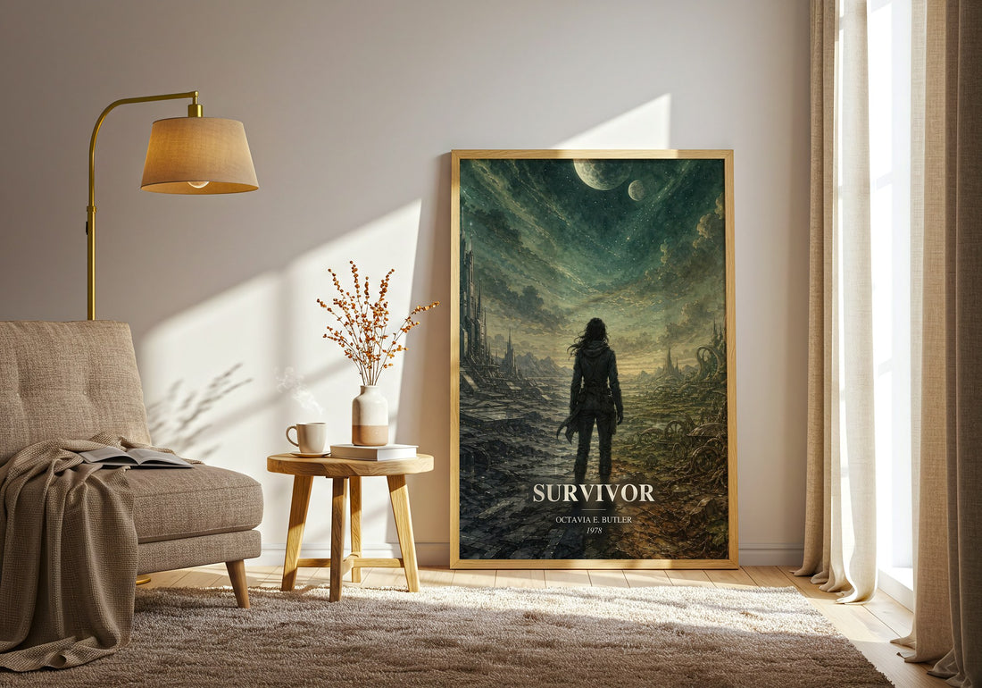 Survivor watercolour print in frame leaning in hallway – sci fi wall art (mockup)