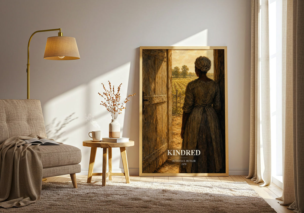 Kindred watercolour print in frame leaning in hallway – sci fi wall art (mockup)