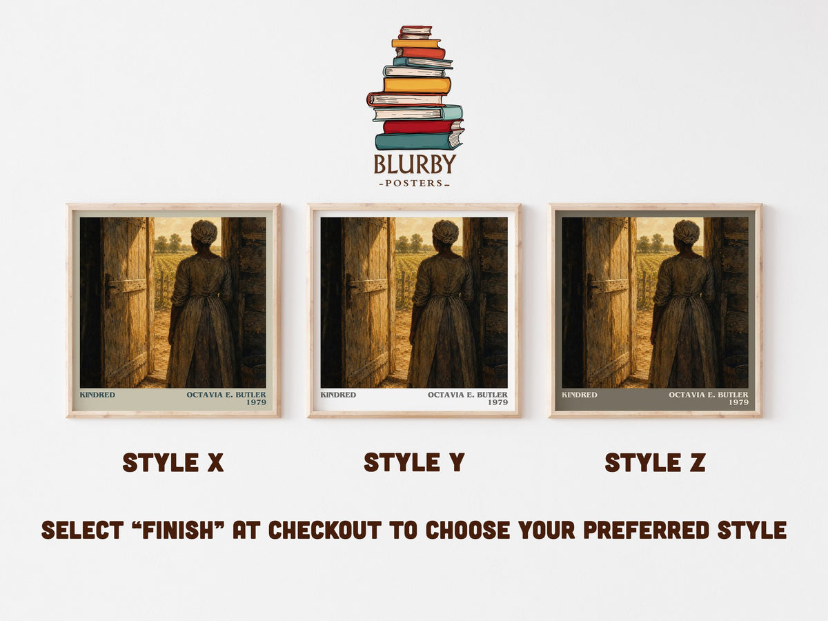 Kindred literary print in frame leaning in hallway – sci fi wall art (mockup)