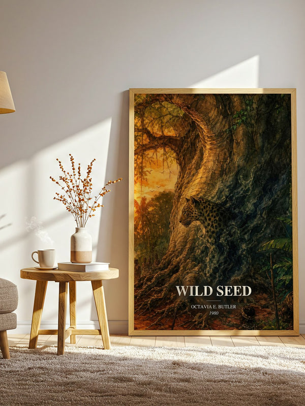 Wild Seed watercolour print in frame leaning in hallway – sci fi wall art