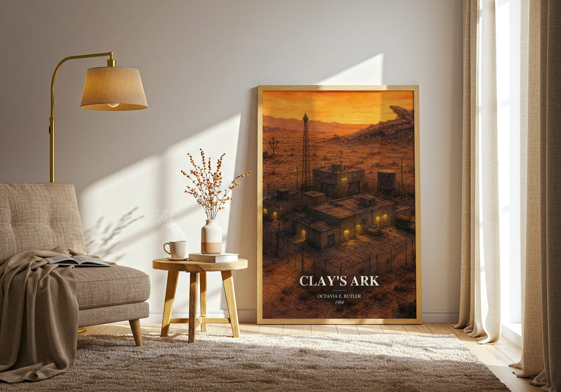 Clay's Ark watercolour print in frame leaning in hallway – sci fi wall art (mockup)