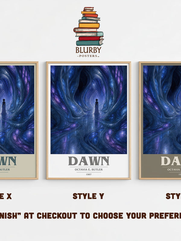 Dawn book cover print in frame leaning in hallway – sci fi wall art