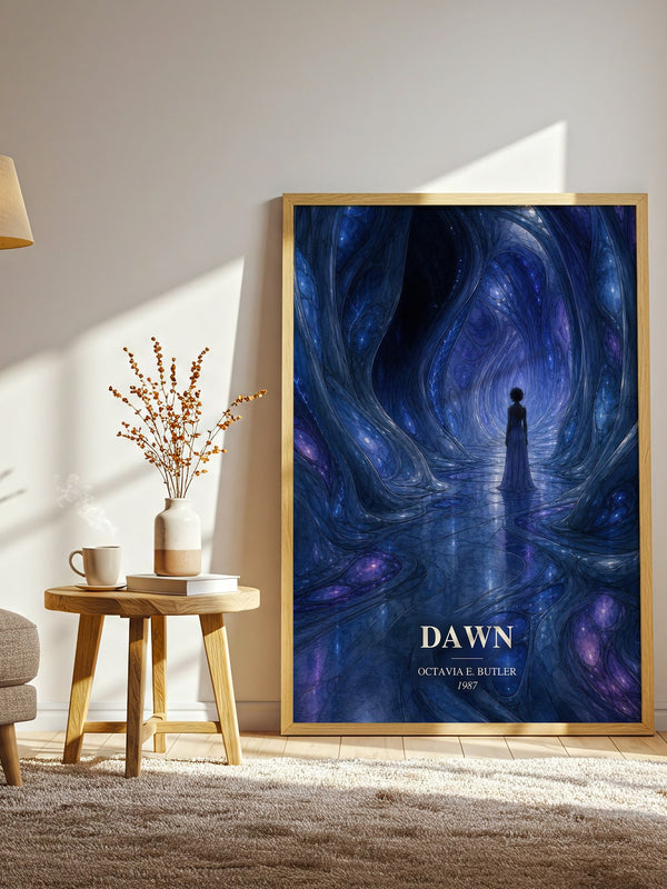 Dawn watercolour print in frame leaning in hallway – sci fi wall art