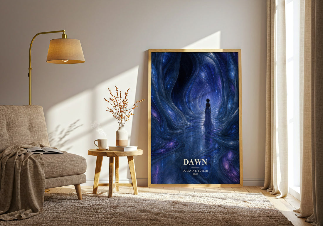 Dawn watercolour print in frame leaning in hallway – sci fi wall art (mockup)