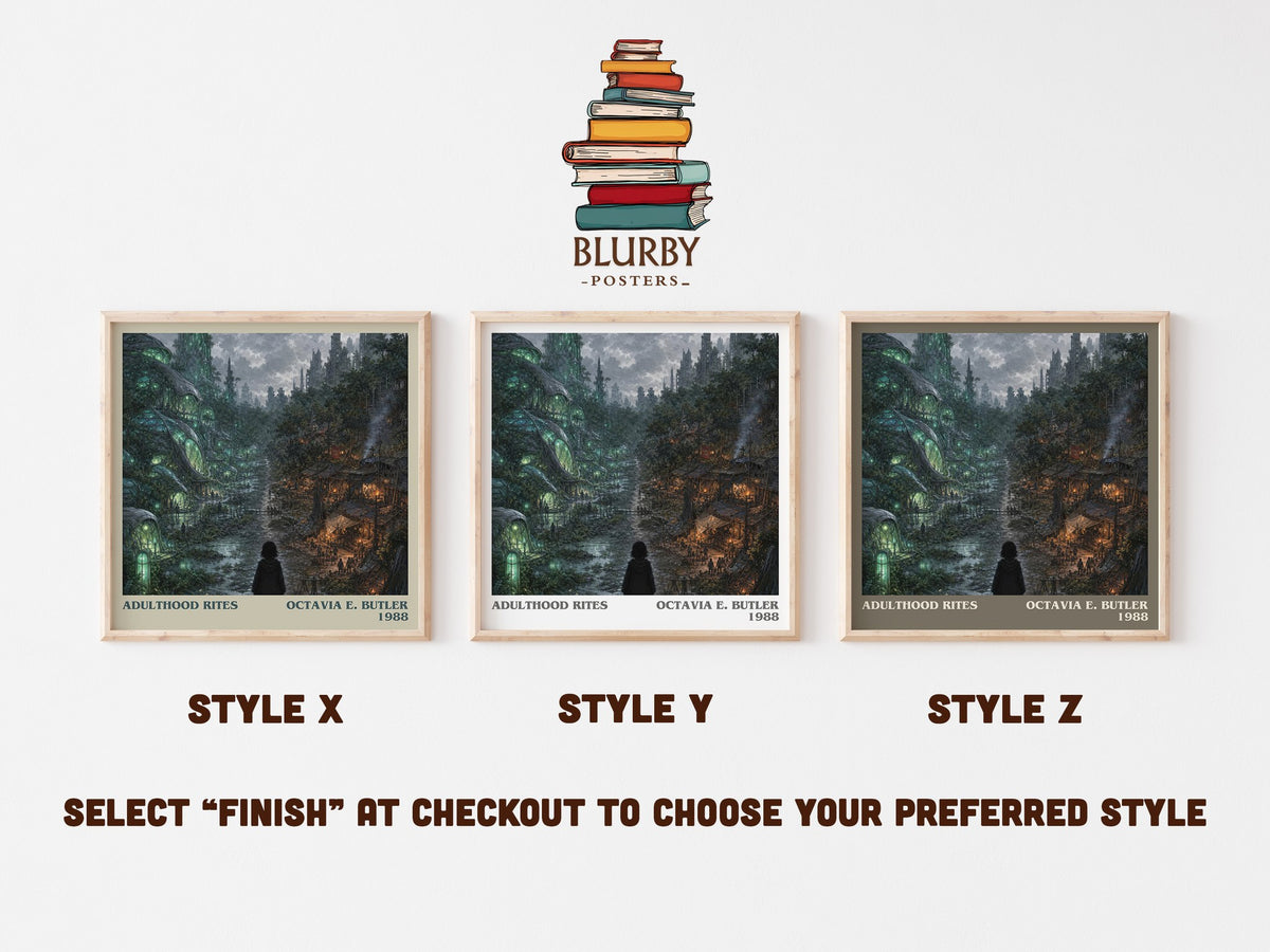 Adulthood Rites literary print in frame leaning in hallway – sci fi wall art (mockup)