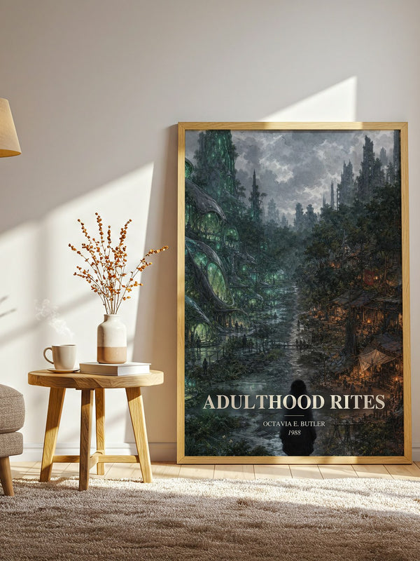 Adulthood Rites watercolour print in frame leaning in hallway – sci fi wall art