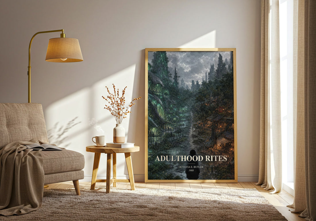Adulthood Rites watercolour print in frame leaning in hallway – sci fi wall art (mockup)