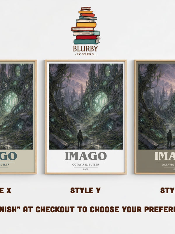Imago book cover print in frame leaning in hallway – sci fi wall art