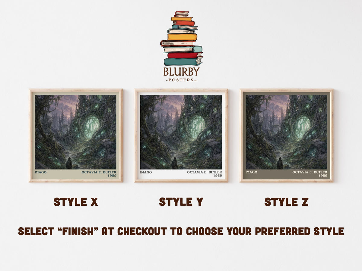 Imago literary print in frame leaning in hallway – sci fi wall art (mockup)