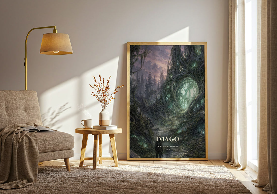 Imago watercolour print in frame leaning in hallway – sci fi wall art (mockup)