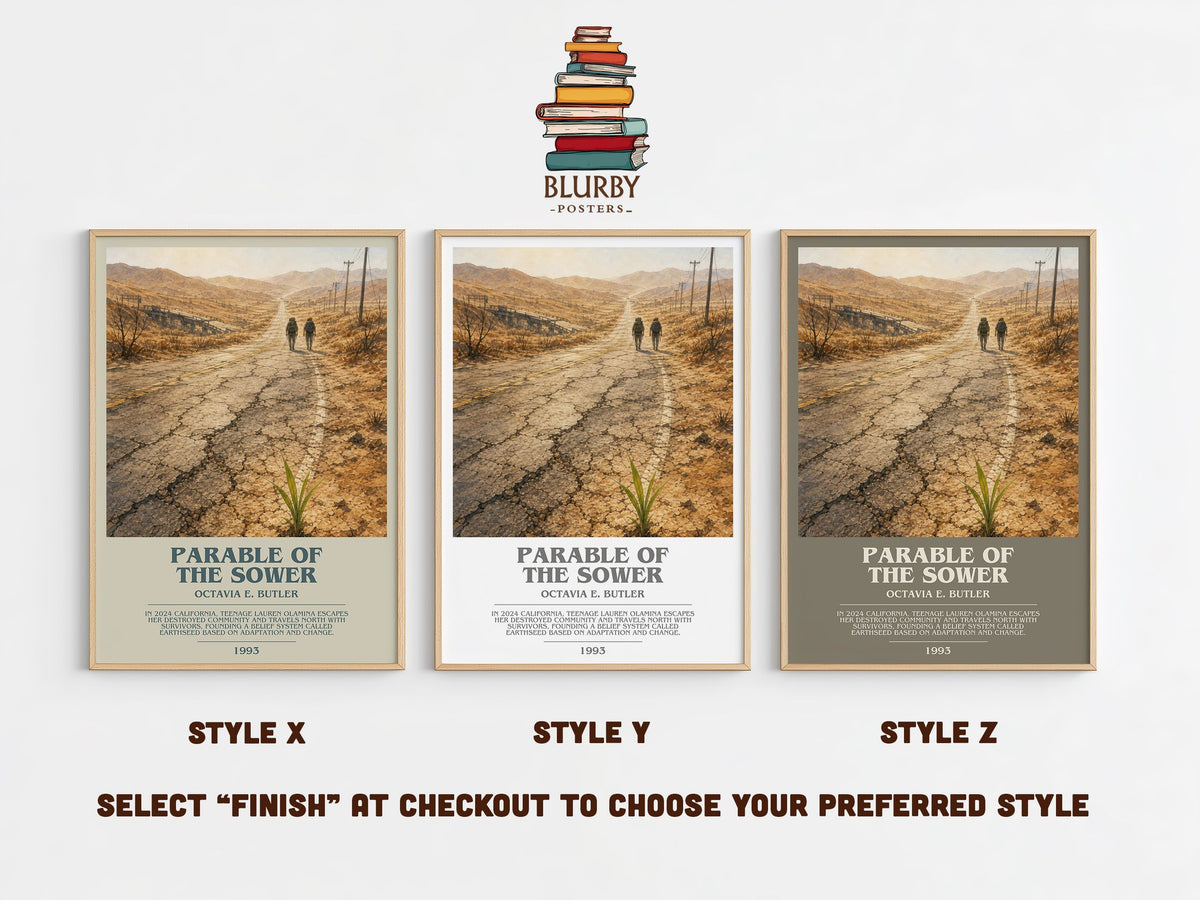 Parable of the Sower bookish print in frame leaning in hallway – dystopian wall art (mockup)