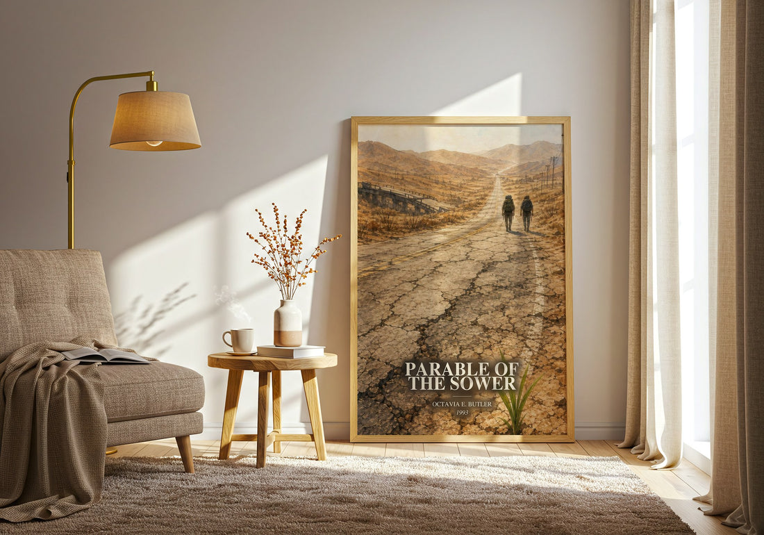 Parable of the Sower watercolour print in frame leaning in hallway – dystopian wall art (mockup)
