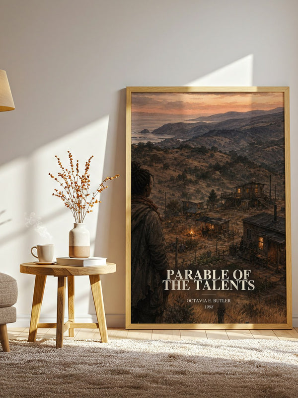 Parable of the Talents watercolour print in frame leaning in hallway – sci fi wall art