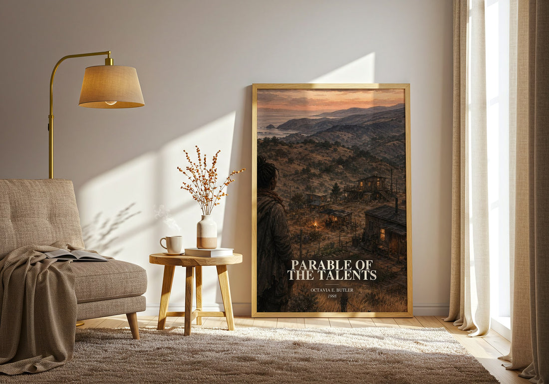 Parable of the Talents watercolour print in frame leaning in hallway – sci fi wall art (mockup)