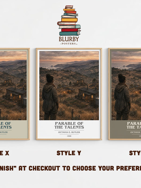 Parable of the Talents book cover print in frame leaning in hallway – sci fi wall art