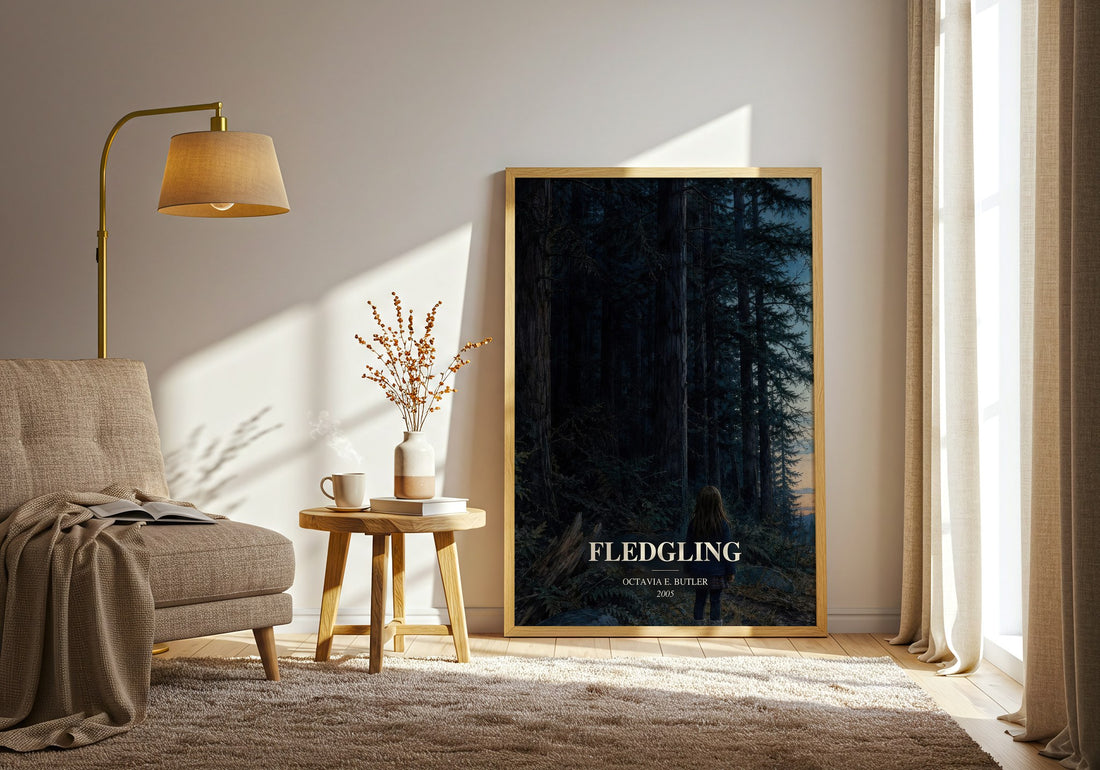 Fledgling watercolour print in frame leaning in hallway – sci fi wall art (mockup)