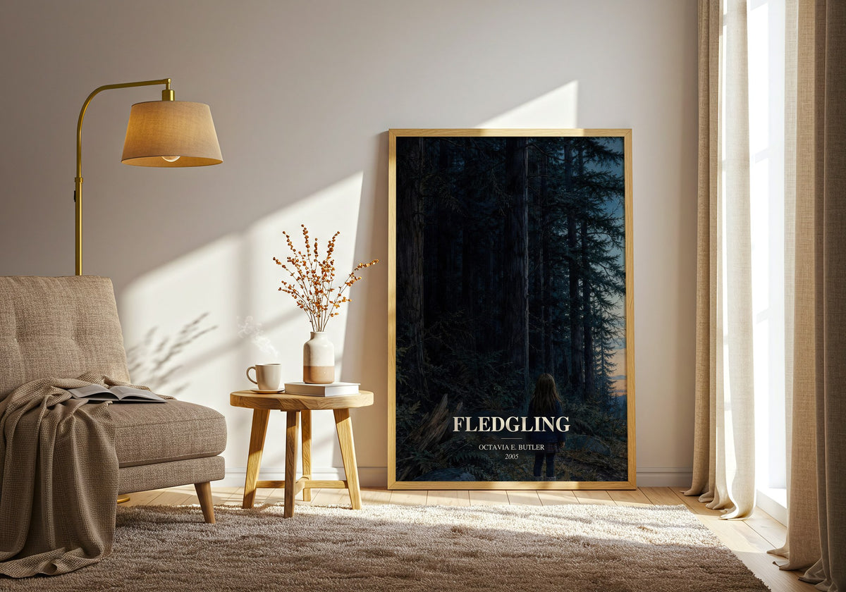Fledgling watercolour print in frame leaning in hallway – sci fi wall art (mockup)