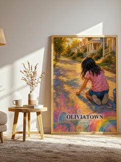 Oliviatown watercolour print in frame leaning in hallway – literary fiction wall art