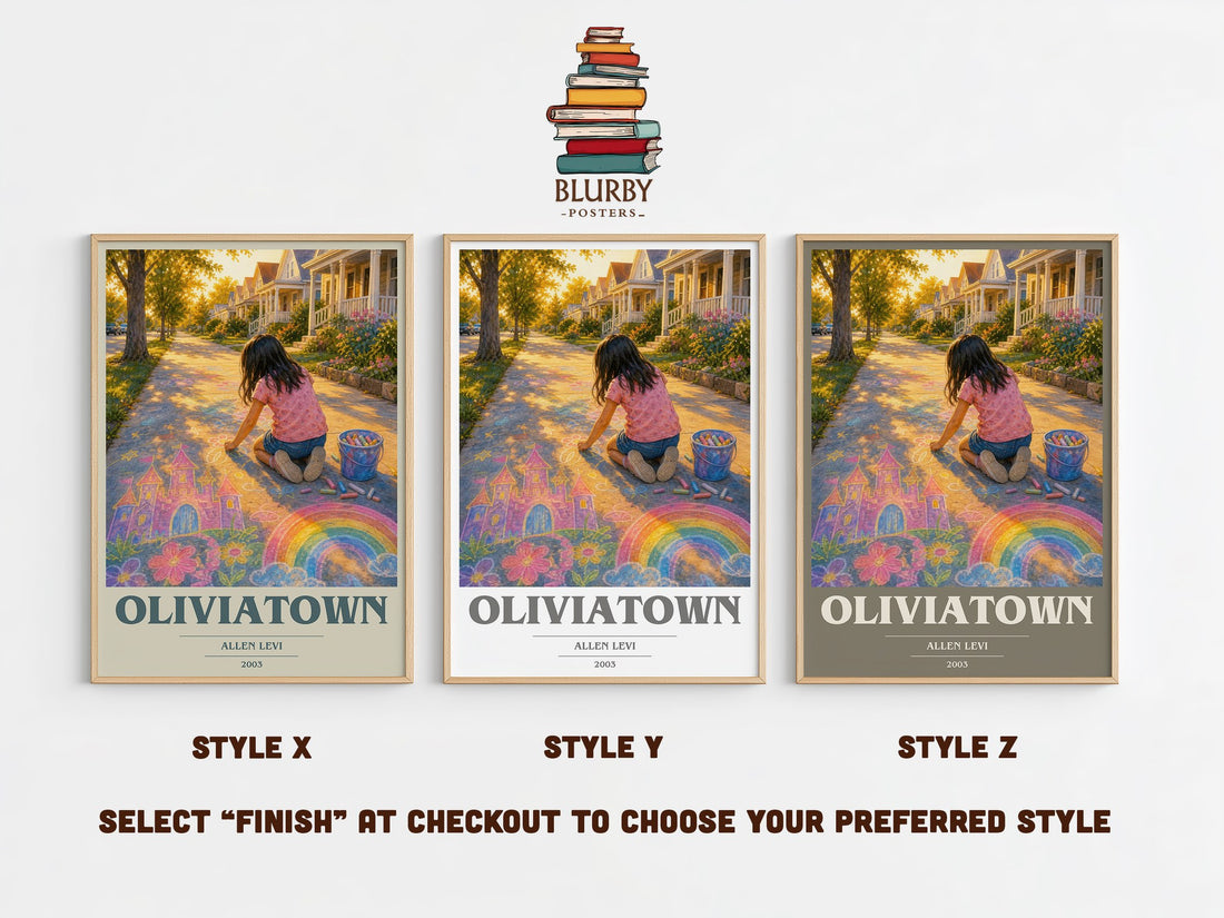 Oliviatown book cover print in frame leaning in hallway – literary fiction wall art (mockup)