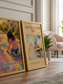 Oliviatown watercolour print framed by window – literary home decor