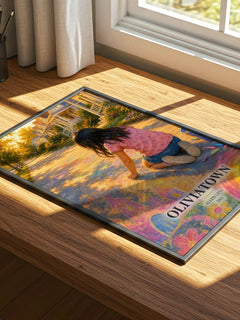 Oliviatown watercolour book poster framed on wall – literary fiction wall art