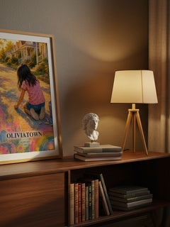 Oliviatown watercolour print on bookshelf – Allen Levi fan gift