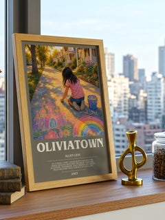 Oliviatown Bookish Wall Art by Allen Levi – framed print on a city-view windowsill