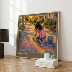 Oliviatown Literary Art Print by Allen Levi – large square framed print leaning against a wall