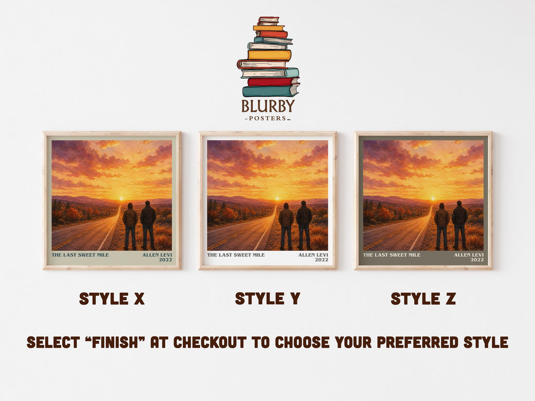 The Last Sweet Mile literary print in frame leaning in hallway – contemporary fiction wall art (mockup)