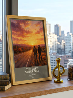 The Last Sweet Mile Book Cover Poster by Allen Levi – framed print on a city-view windowsill