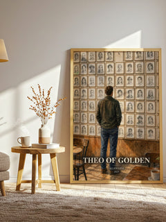 Theo of Golden watercolour print in frame leaning in hallway – childrens wall art