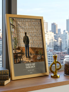 Theo of Golden Book Cover Poster by Allen Levi – framed print on a city-view windowsill