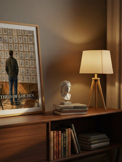 Theo of Golden watercolour print on bookshelf – Allen Levi fan gift